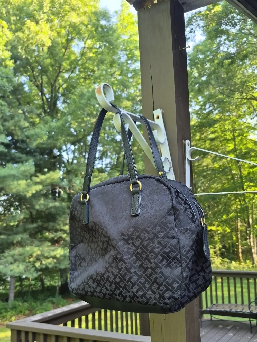 Tommy Hilfiger Black monogram jacquard signature pattern Dome Satchel bag